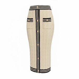 Cream Cable Knit Button Front Skirt with Black Trim